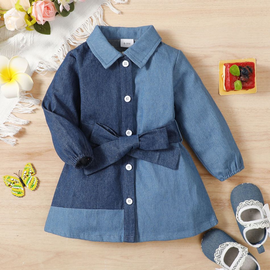 100% Cotton Baby Girl Denim Spliced Long-sleeve Button Up Belted Dress Blue