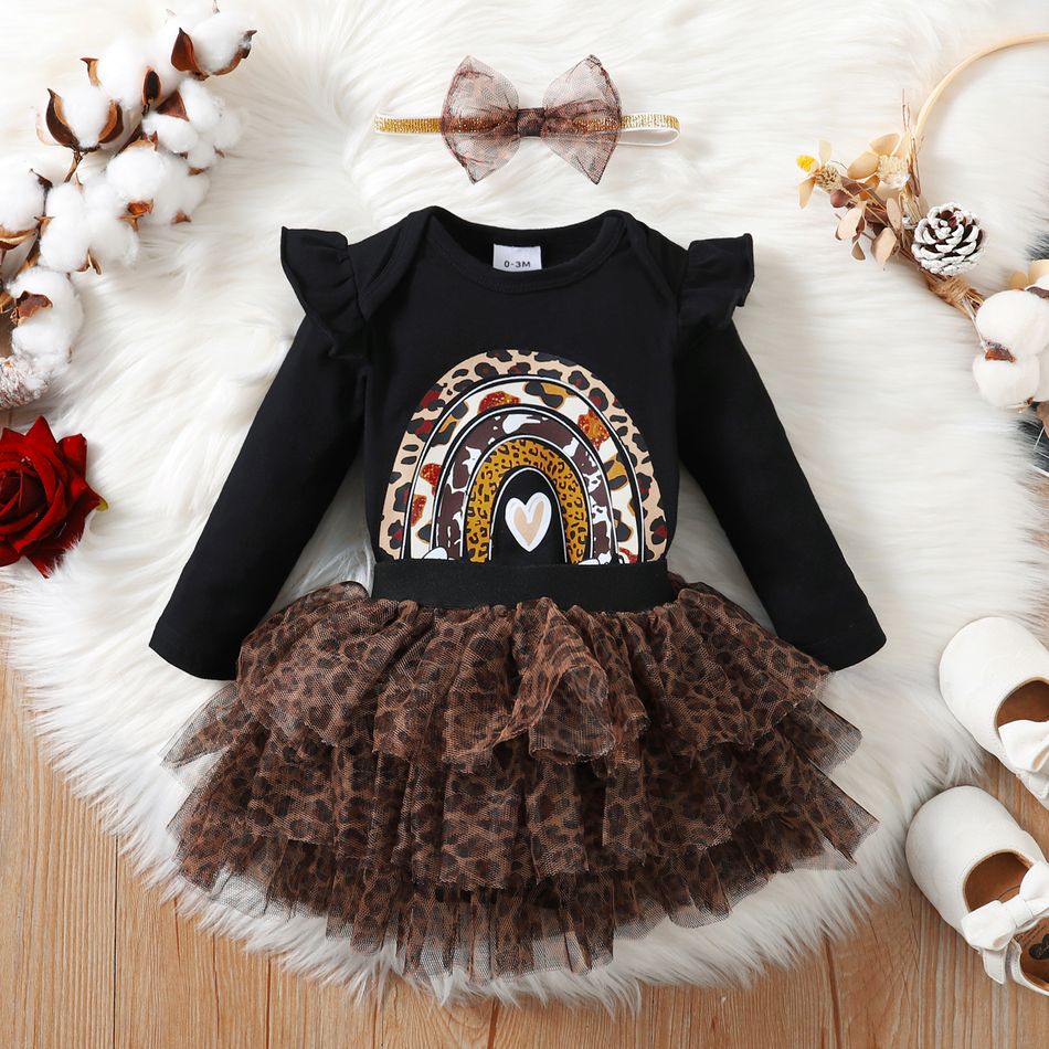 3pcs Baby Girl 95% Cotton Long-sleeve Rainbow & Letter Print Romper and Layered Leopard Mesh Skirt with Headband Set Black big image 3
