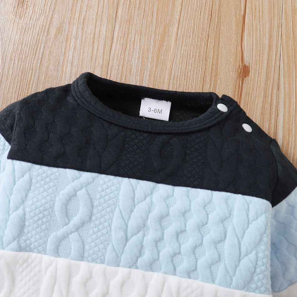 2pcs Baby Boy 95% Cotton Ripped Jeans and Textured Colorblock Long-sleeve Sweatshirt Set Blue big image 3