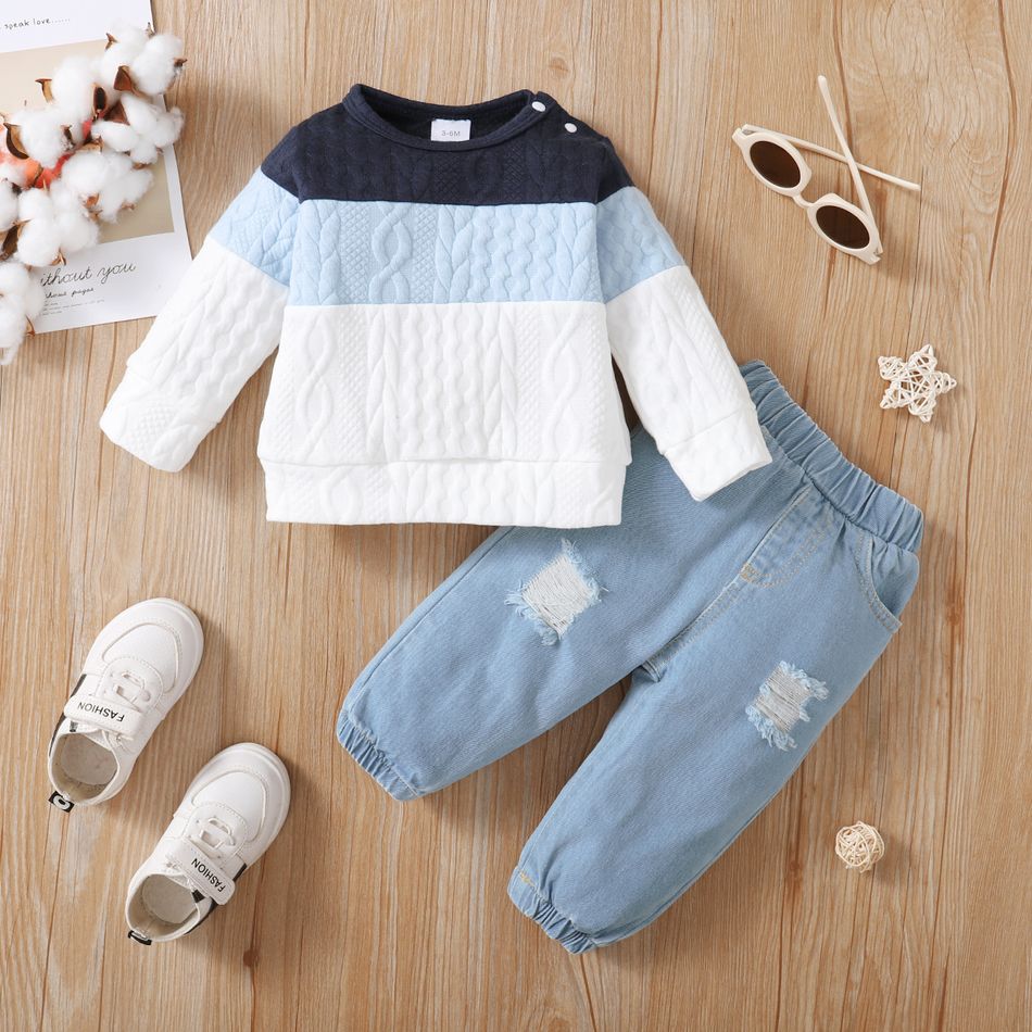 2pcs Baby Boy 95% Cotton Ripped Jeans and Textured Colorblock Long-sleeve Sweatshirt Set Grey