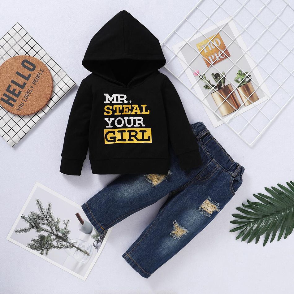 2pcs Baby Boy 95% Cotton Long-sleeve Letter Print Hoodie and Ripped Jeans Set Black big image 1