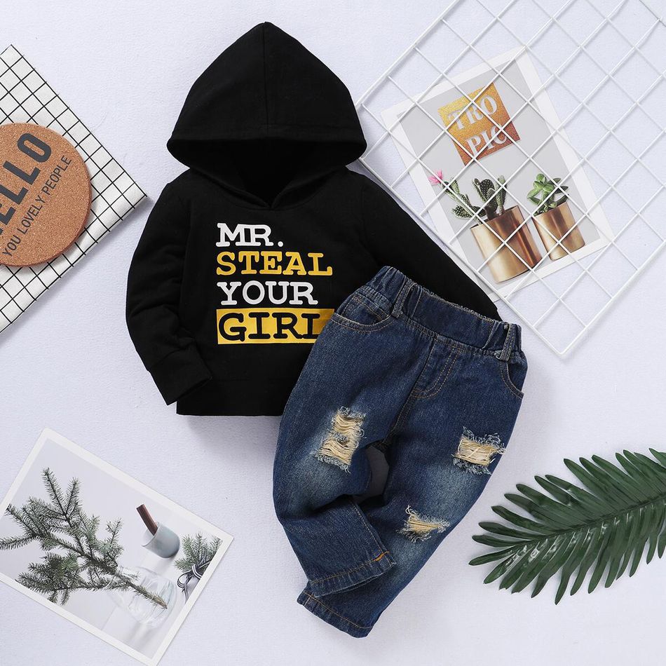 2pcs Baby Boy 95% Cotton Long-sleeve Letter Print Hoodie and Ripped Jeans Set Black big image 2