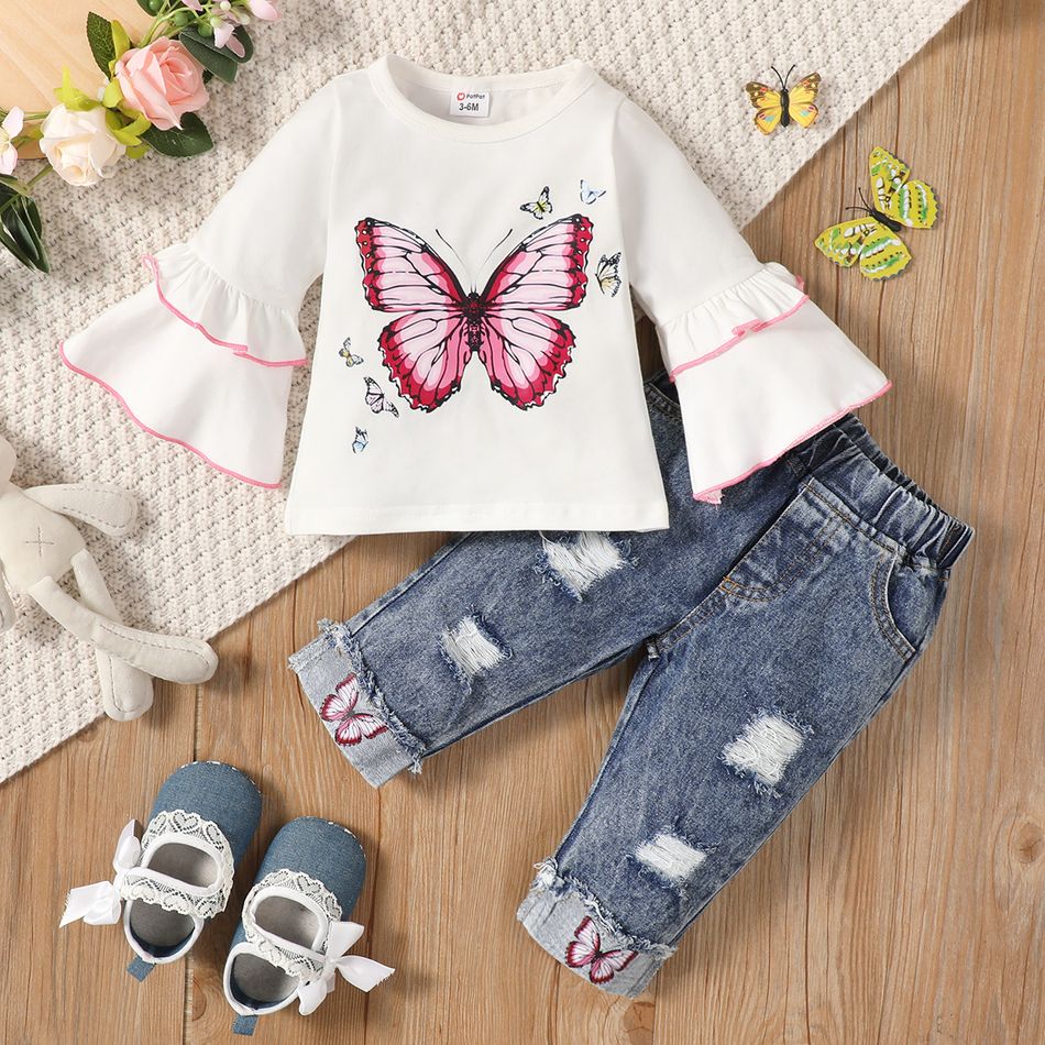 2pcs Baby Girl 95% Cotton Bell-sleeve Butterfly Print Tee and Ripped Jeans Set White