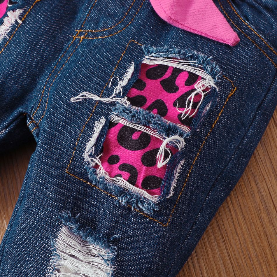 قطعتين طفلة 95٪ قطن بأكمام جرس بطبعة قوس قزح ومجموعة جينز ممزق بحزام اللون الرمادي big image 8