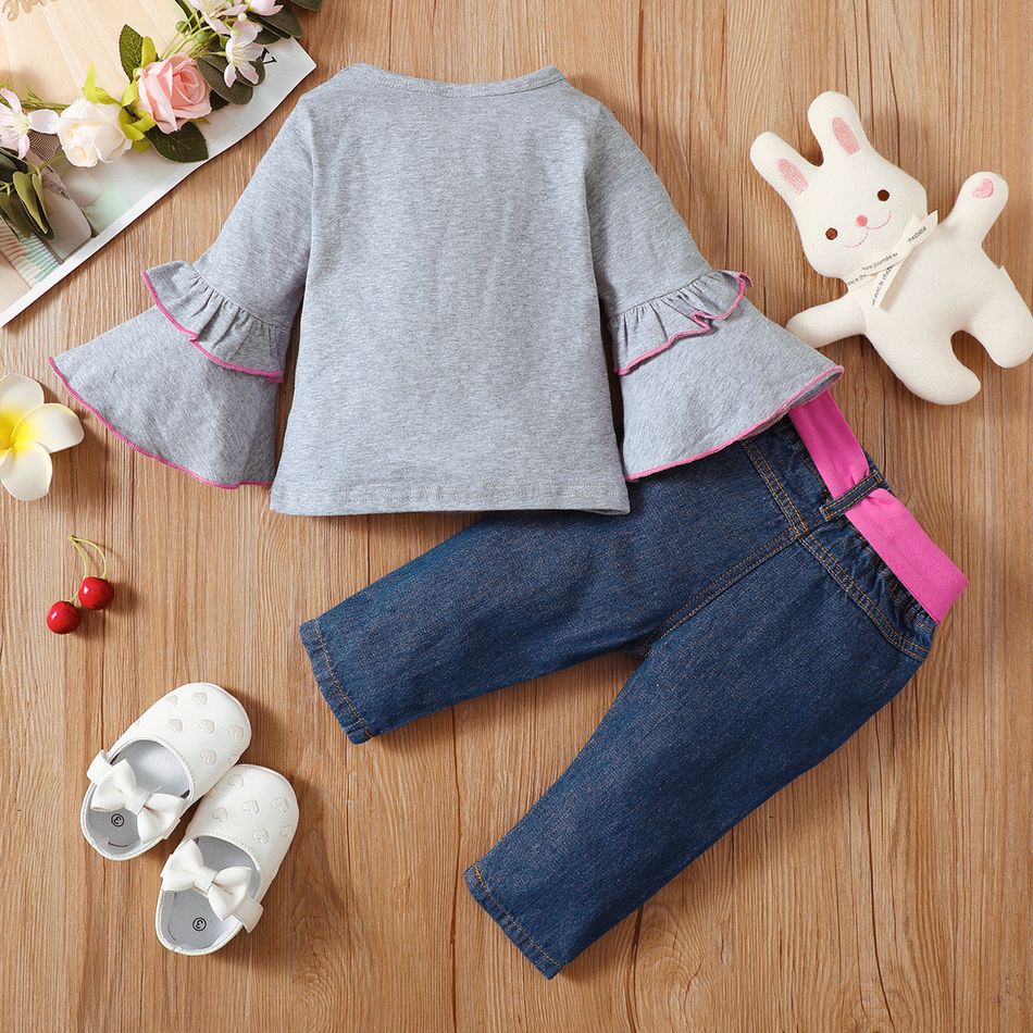 2pcs Baby Girl 95% Cotton Bell-sleeve Rainbow Print Top and Belted Ripped Jeans Set Grey big image 2