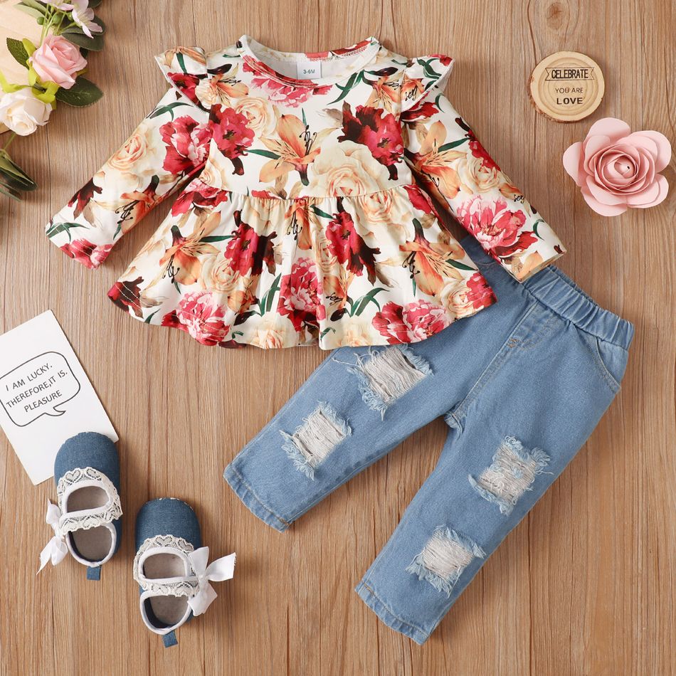 2pcs Baby Girl 95% Cotton Ripped Jeans and Allover Rose Floral Print Long-sleeve Top Set Multi-color big image 3