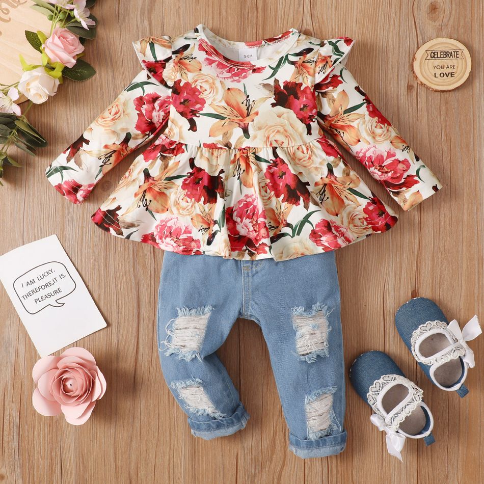 2pcs Baby Girl 95% Cotton Ripped Jeans and Allover Rose Floral Print Long-sleeve Top Set Multi-color