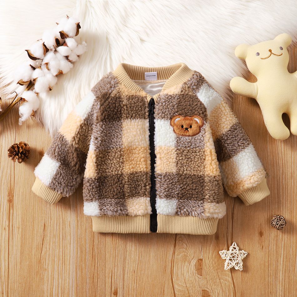 Baby Boy Bear Embroidered Long-sleeve Plaid Thermal Fleece Coat Khaki