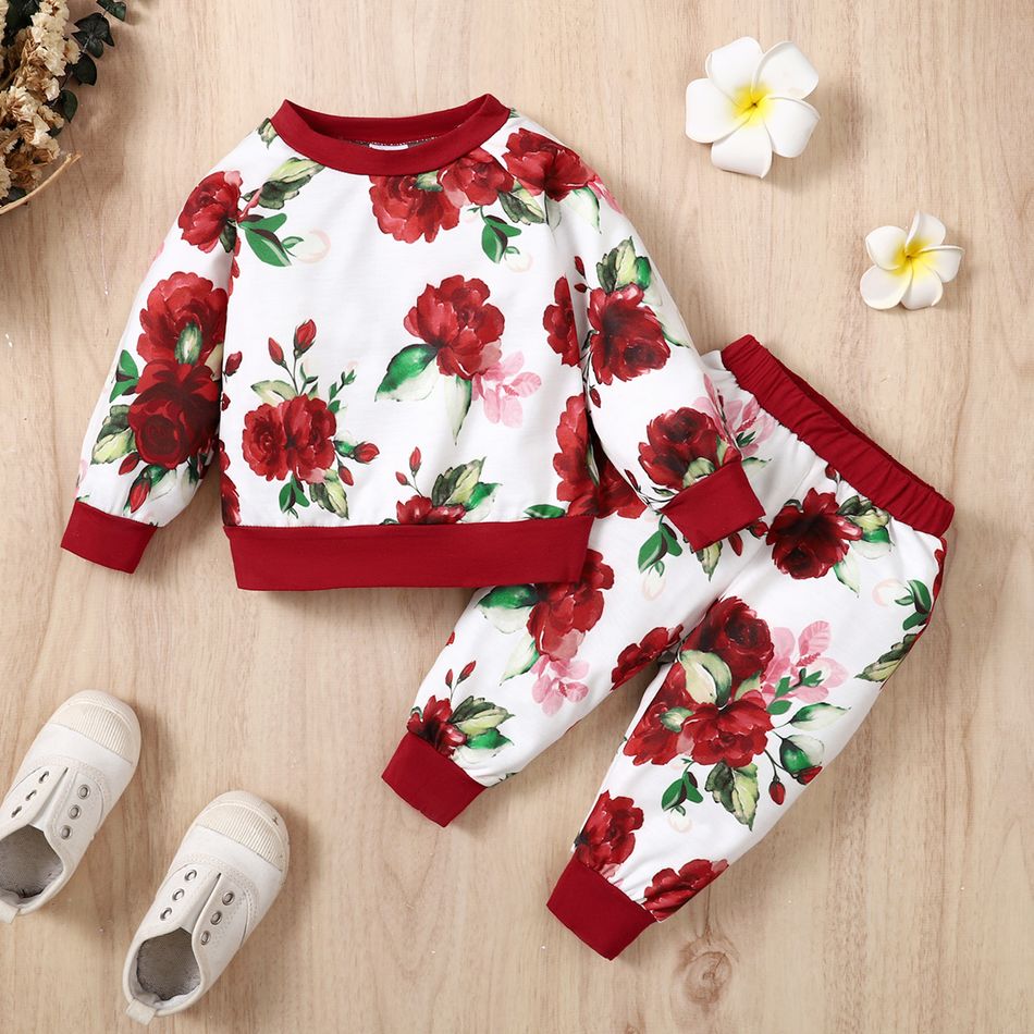 2pcs Baby Girl Allover Floral Print Long-sleeve Pullover Sweatshirt and Sweatpants Set Burgundy