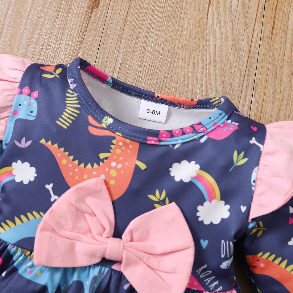 2pcs Baby Girl 95% Cotton Ripped Jeans and Allover Dinosaur Print Ruffle Bow Front Long-sleeve Top Set Multi-color big image 4