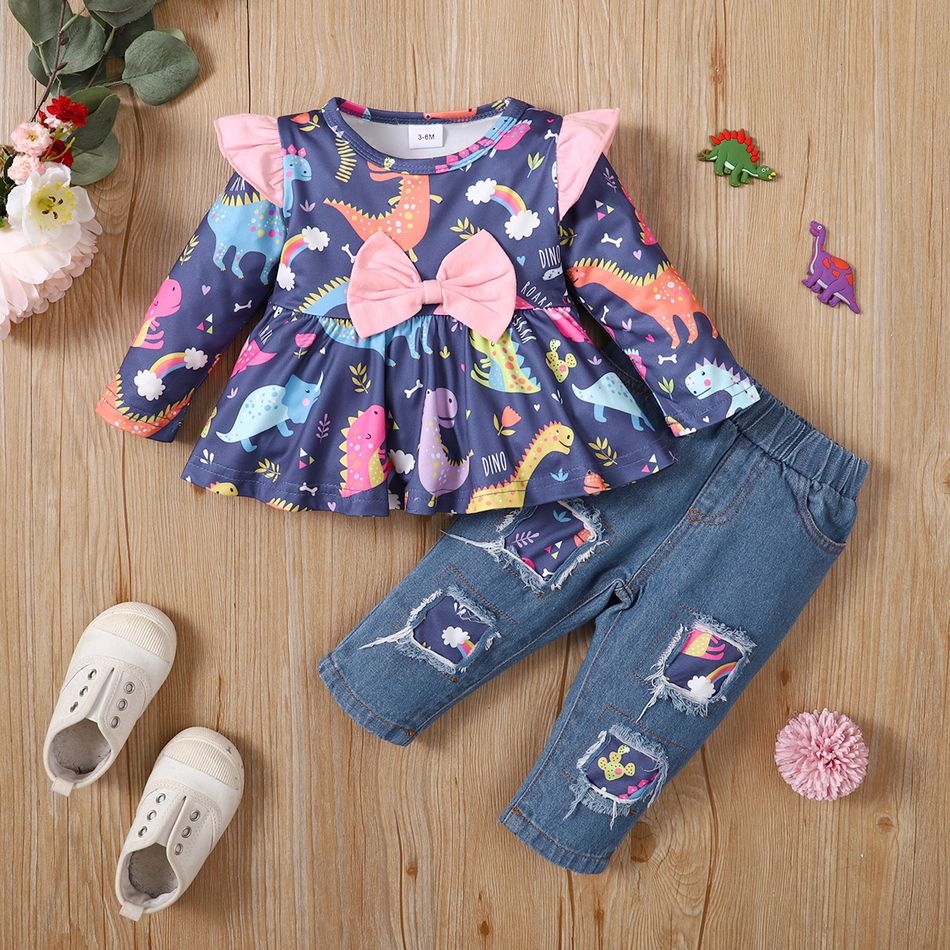 2pcs Baby Girl 95% Cotton Ripped Jeans and Allover Dinosaur Print Ruffle Bow Front Long-sleeve Top Set Multi-color big image 2