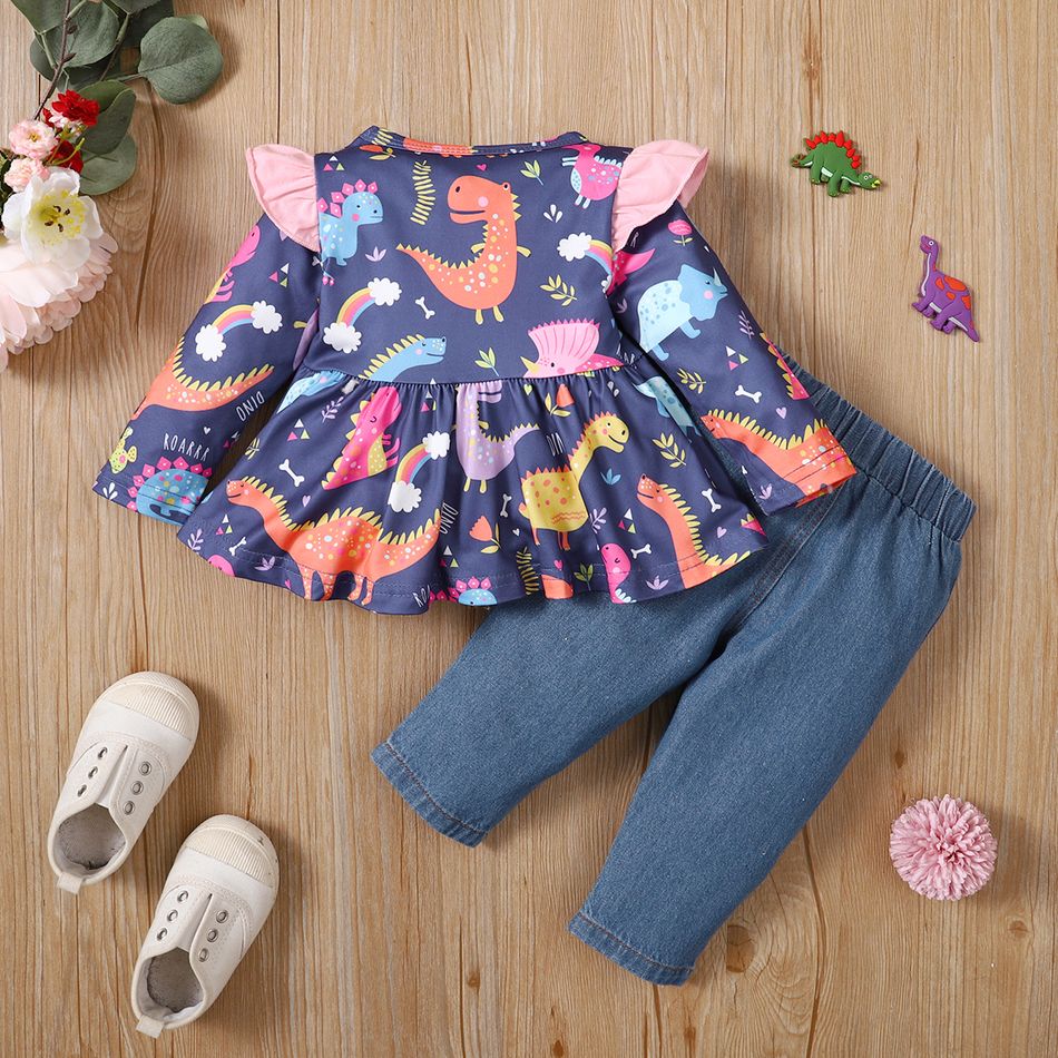 2pcs Baby Girl 95% Cotton Ripped Jeans and Allover Dinosaur Print Ruffle Bow Front Long-sleeve Top Set Multi-color big image 3