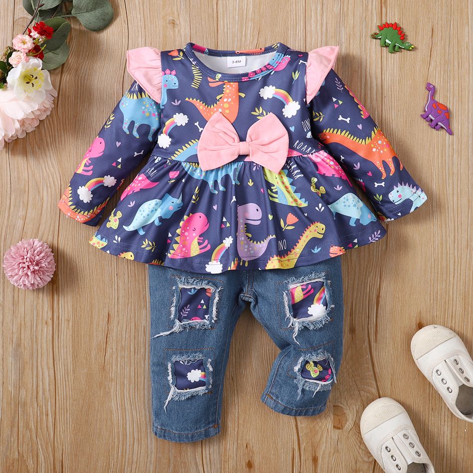 2pcs Baby Girl 95% Cotton Ripped Jeans and Allover Dinosaur Print Ruffle Bow Front Long-sleeve Top Set Multi-color