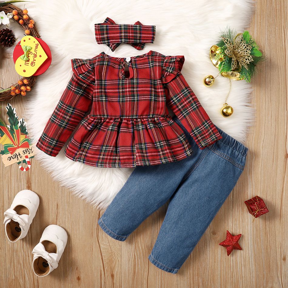 3pcs Baby Girl 95% Cotton Ruffle Long-sleeve Plaid Top and Ripped Jeans Set PLAID big image 2