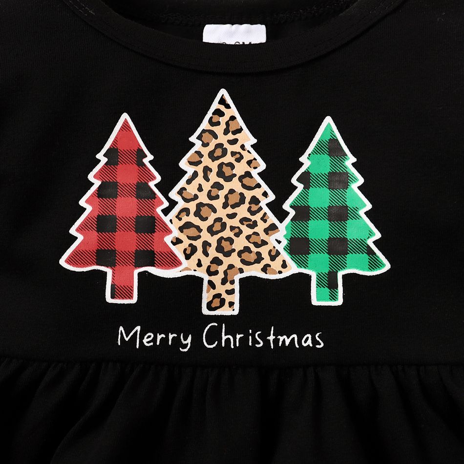 Christmas 2pcs Baby Girl 95% Cotton Bell-sleeve Xmas Tree & Letter Print Top and Red Plaid Layered Flared Pants Set Black big image 5