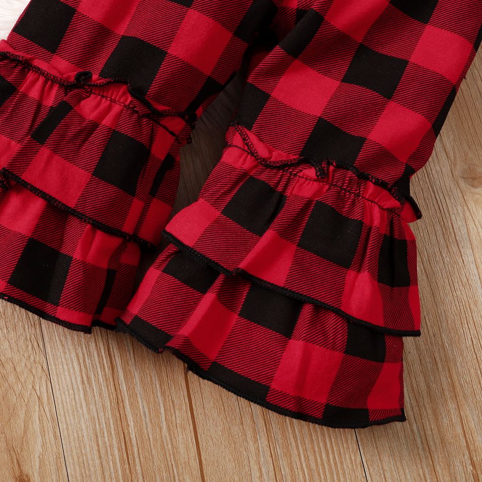 Christmas 2pcs Baby Girl 95% Cotton Bell-sleeve Xmas Tree & Letter Print Top and Red Plaid Layered Flared Pants Set Black big image 8