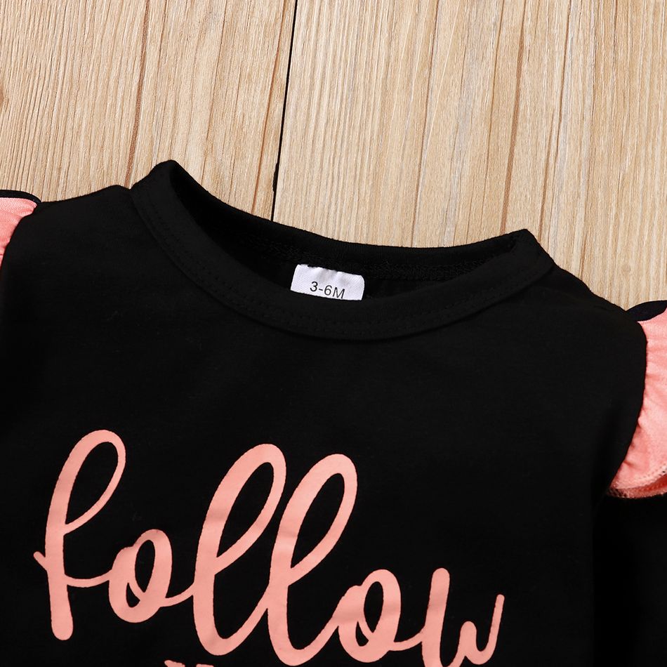 3pcs Baby Girl 95% Cotton Ruffle Long-sleeve Letter Print Tee and Allover Heart Graphic Layered Flared Pants with Headband Set Black big image 3