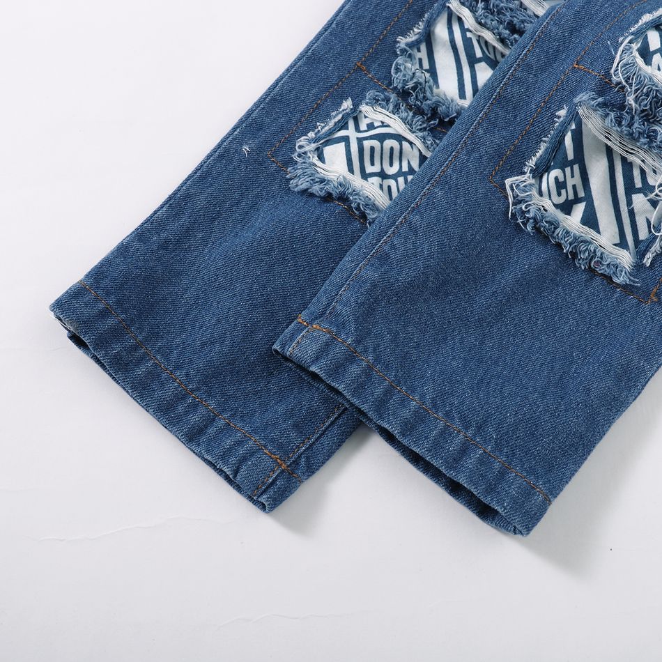 2pcs Toddler Boy Trendy Patchwork Ripped Denim Jeans and Letter Print Hoodie Sweatshirt Set Blue big image 7
