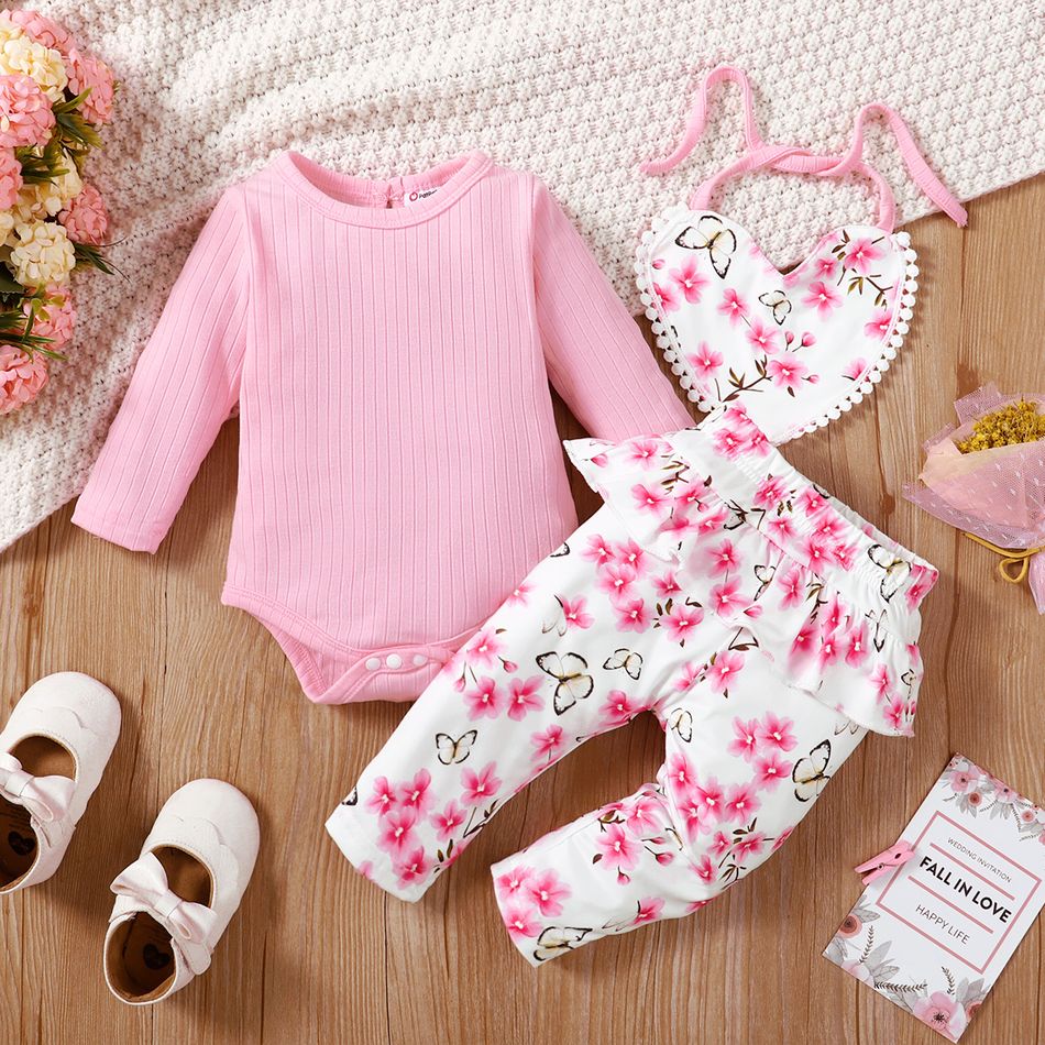 3pcs Baby Girl Pink Ribbed Long-sleeve Romper and Allover Butterfly & Floral Print Ruffle Pants with Bib Set Pink big image 3