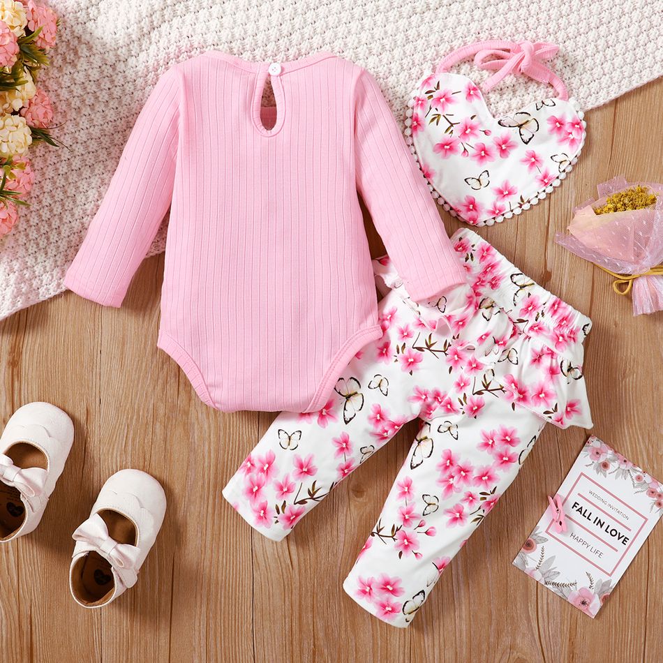 3pcs Baby Girl Pink Ribbed Long-sleeve Romper and Allover Butterfly & Floral Print Ruffle Pants with Bib Set Pink big image 2