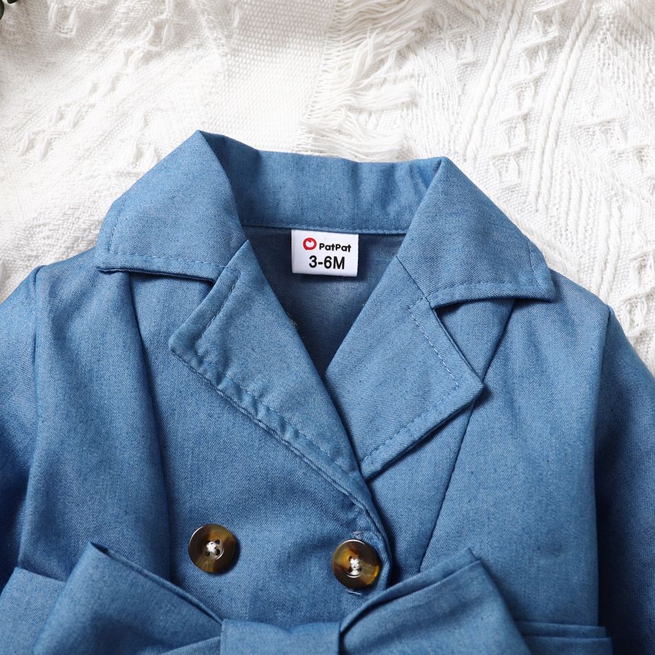 Baby Girl Blue Imitation Denim Lapel Collar Double Breasted Belted Trench Coat Dress Blue big image 4