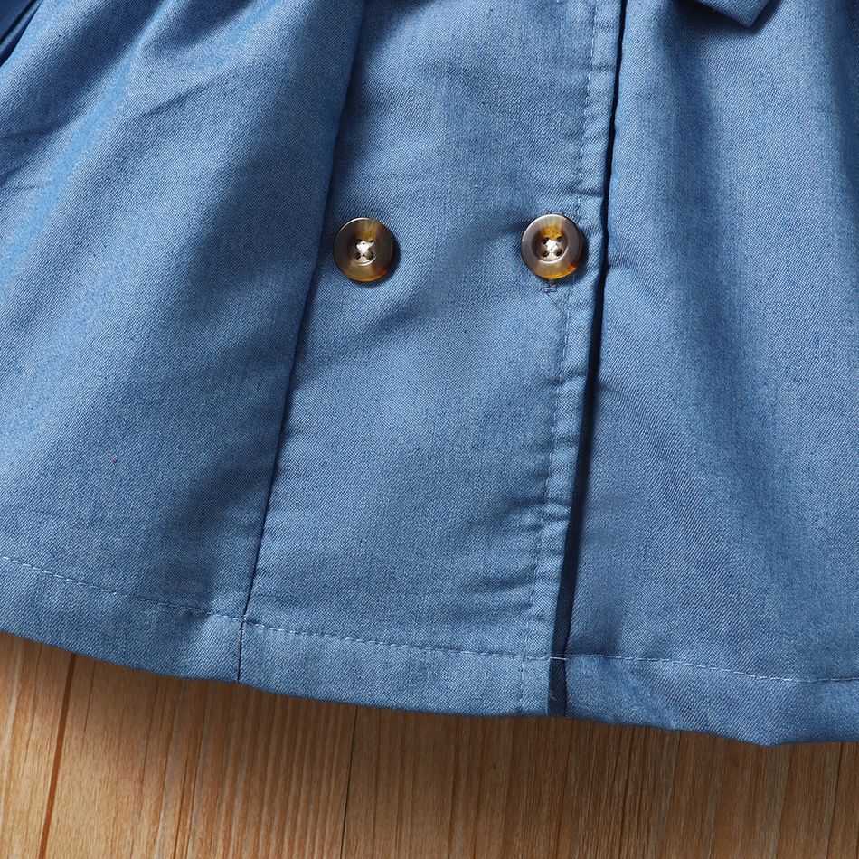 طفلة زرقاء تقليد طية صدر السترة الدنيم طوق مزدوج الصدر بحزام معطف الخندق اللباس أزرق
