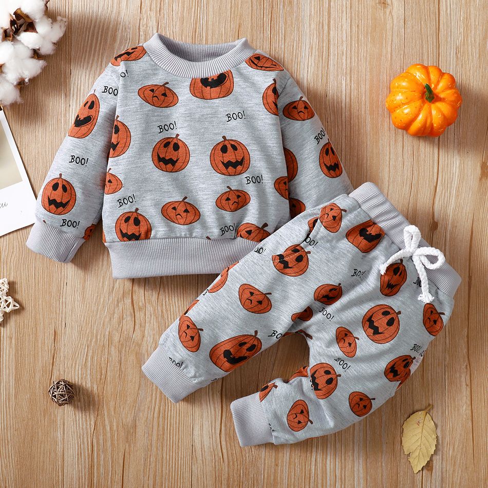 Halloween 2pcs Baby Boy/Girl Allover Pumpkin Print Long-sleeve Sweatshirt and Sweatpants Set Grey big image 3