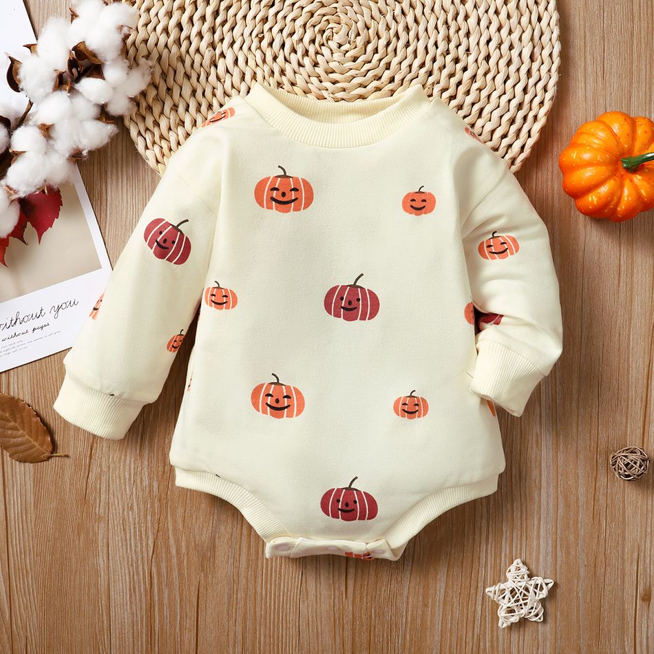 Halloween Baby Boy/Girl Allover Pumpkin Print Long-sleeve Romper Beige