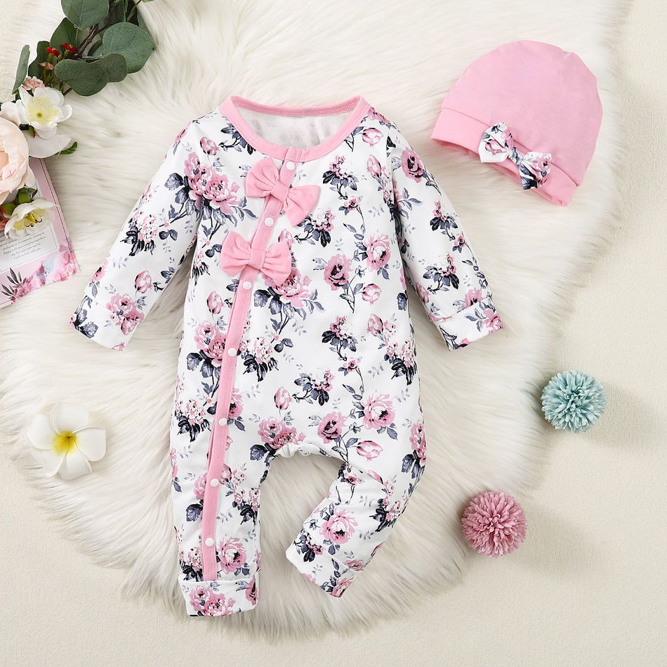 2pcs Baby Girl Allover Pink Floral Print Long-sleeve Bow Front Jumpsuit with Hat Set Pink