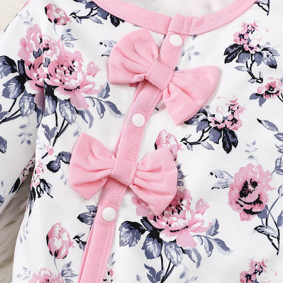 2pcs Baby Girl Allover Pink Floral Print Long-sleeve Bow Front Jumpsuit with Hat Set Pink big image 5