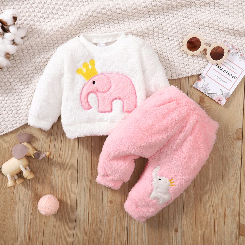 2pcs Baby Girl Elephant Embroidered Long-sleeve Thermal Fuzzy Top and Pants Set Pink
