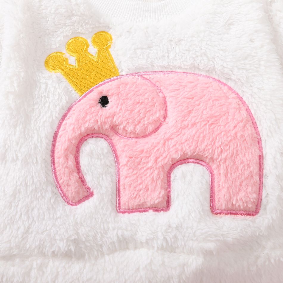 2pcs Baby Girl Elephant Embroidered Long-sleeve Thermal Fuzzy Top and Pants Set Pink big image 3