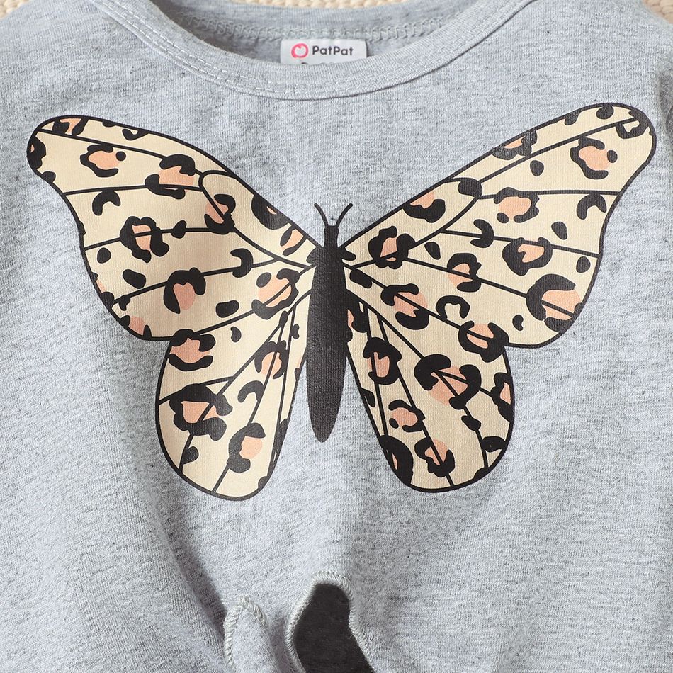 2pcs Baby Girl 95% Cotton Long-sleeve Butterfly Print Knot Front Top and Ripped Pants Set Grey big image 5
