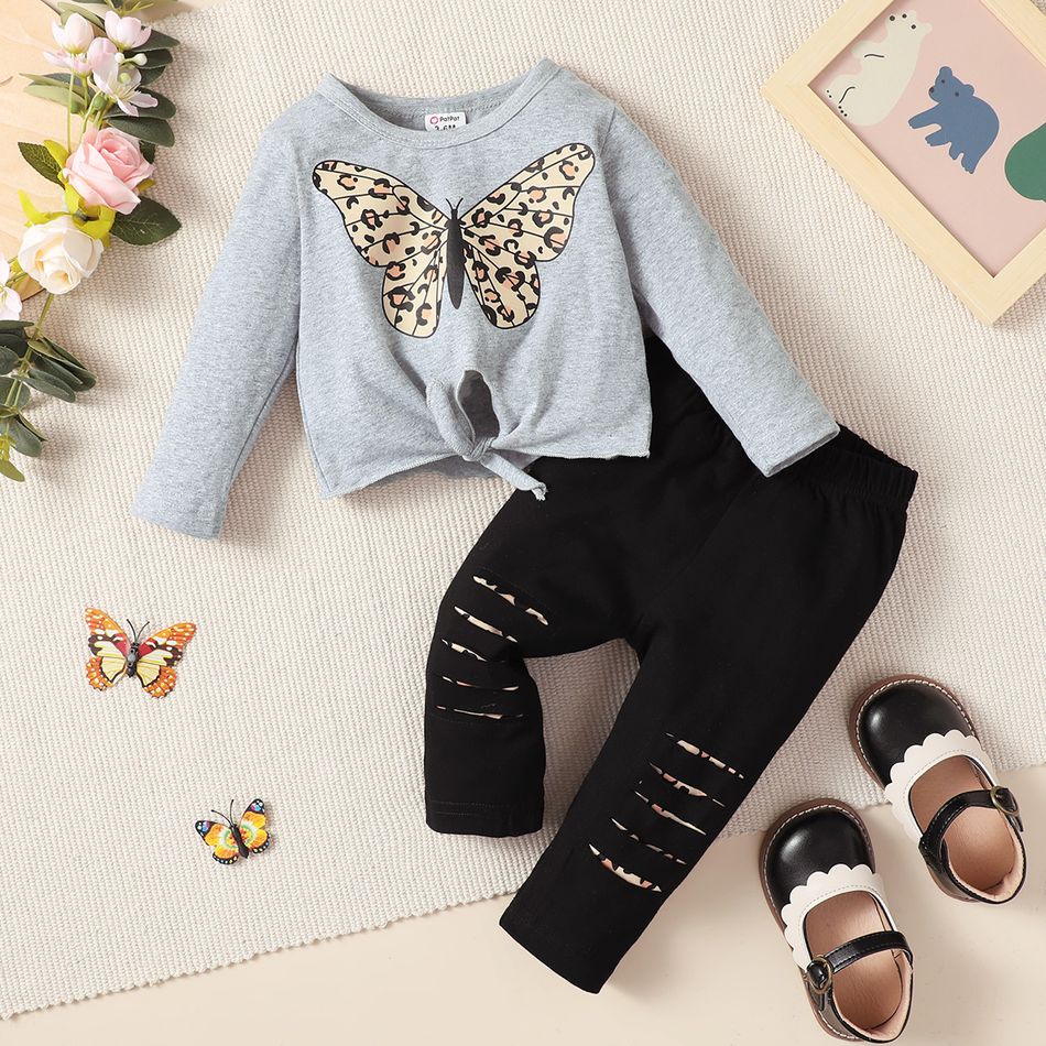 2pcs Baby Girl 95% Cotton Long-sleeve Butterfly Print Knot Front Top and Ripped Pants Set Grey big image 3