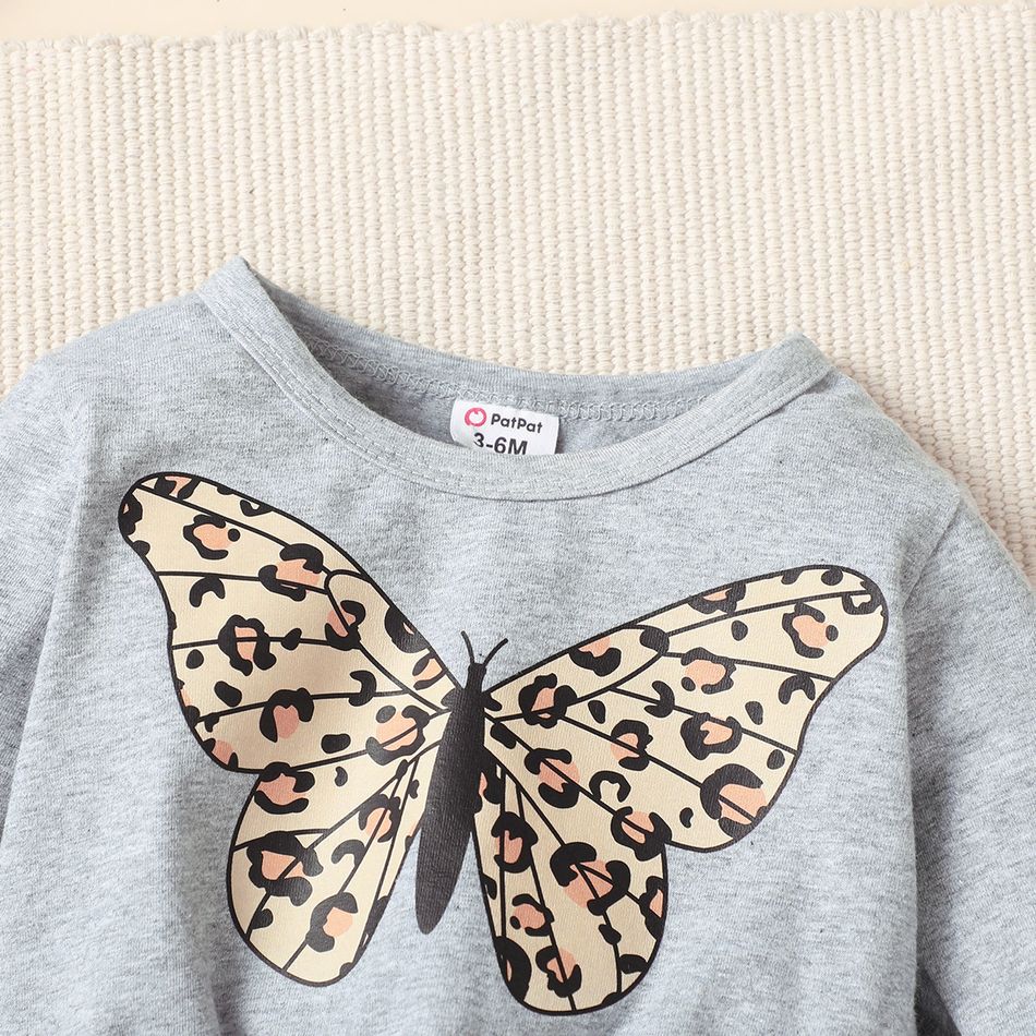 2pcs Baby Girl 95% Cotton Long-sleeve Butterfly Print Knot Front Top and Ripped Pants Set Grey big image 4