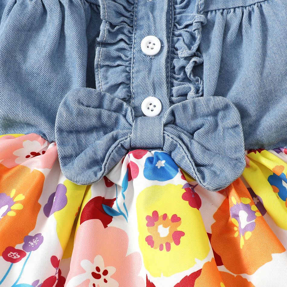 2pcs Baby Girl 95% Cotton Denim Long-sleeve Spliced Floral Print Dress with Headband Set YellowBrown big image 5