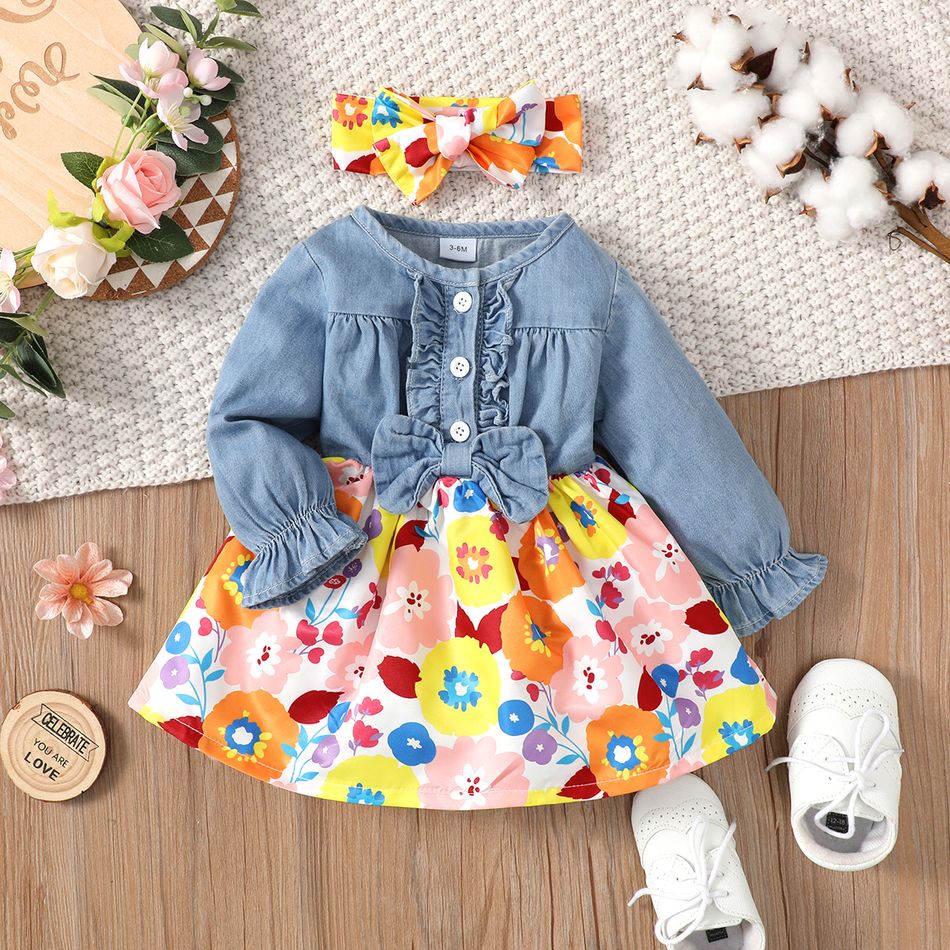 2pcs Baby Girl 95% Cotton Denim Long-sleeve Spliced Floral Print Dress with Headband Set YellowBrown big image 3