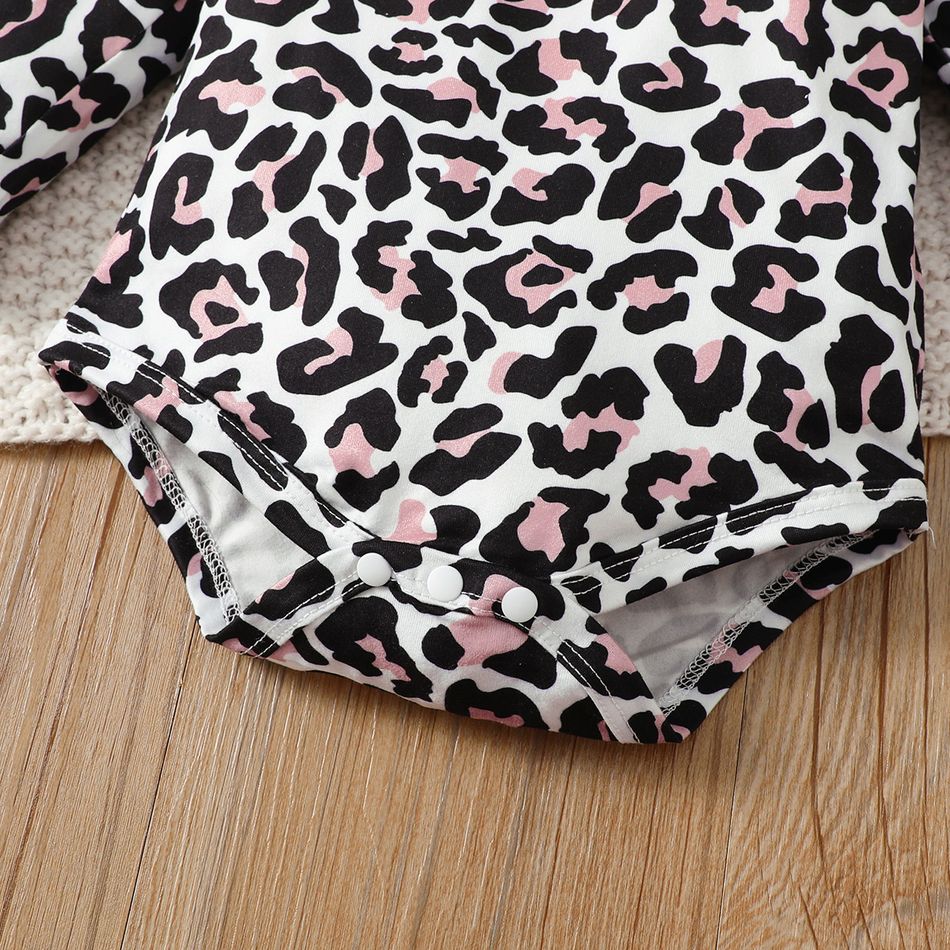 3pcs Baby Girl 95% Cotton Solid Pants and Leopard Long-sleeve Romper with Cat Embroidered Tank Dress Set Pink big image 7