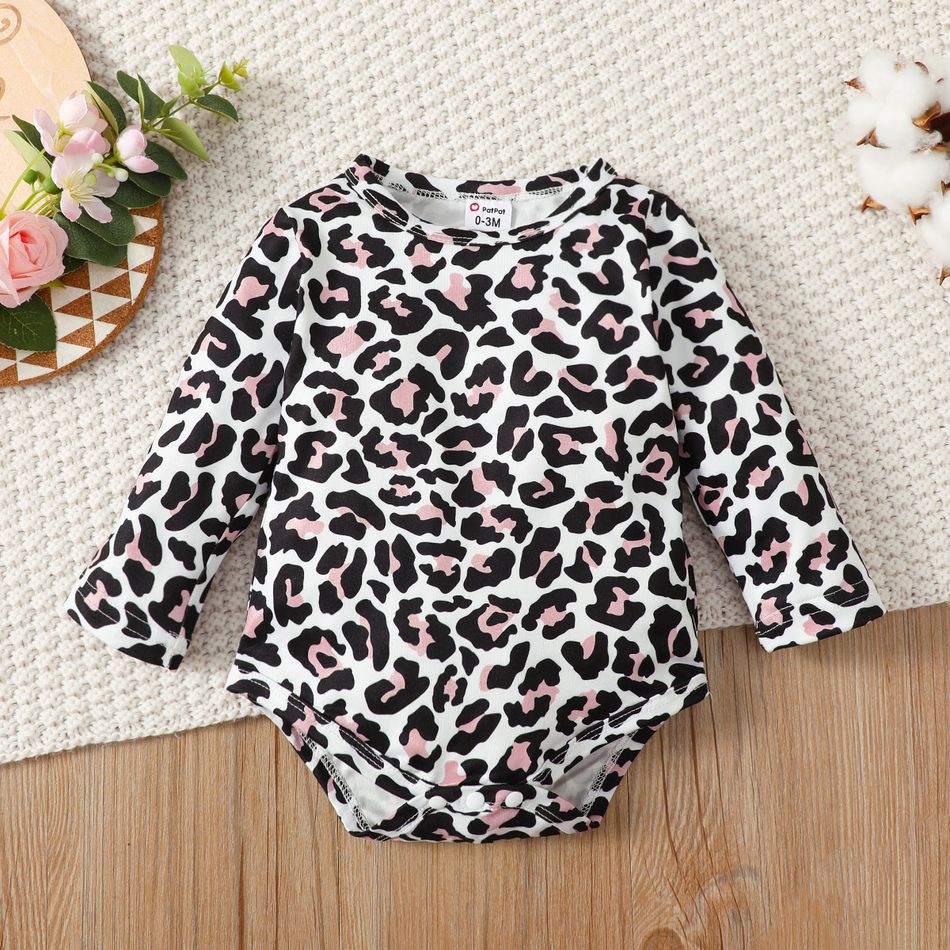 3pcs Baby Girl 95% Cotton Solid Pants and Leopard Long-sleeve Romper with Cat Embroidered Tank Dress Set Pink big image 6
