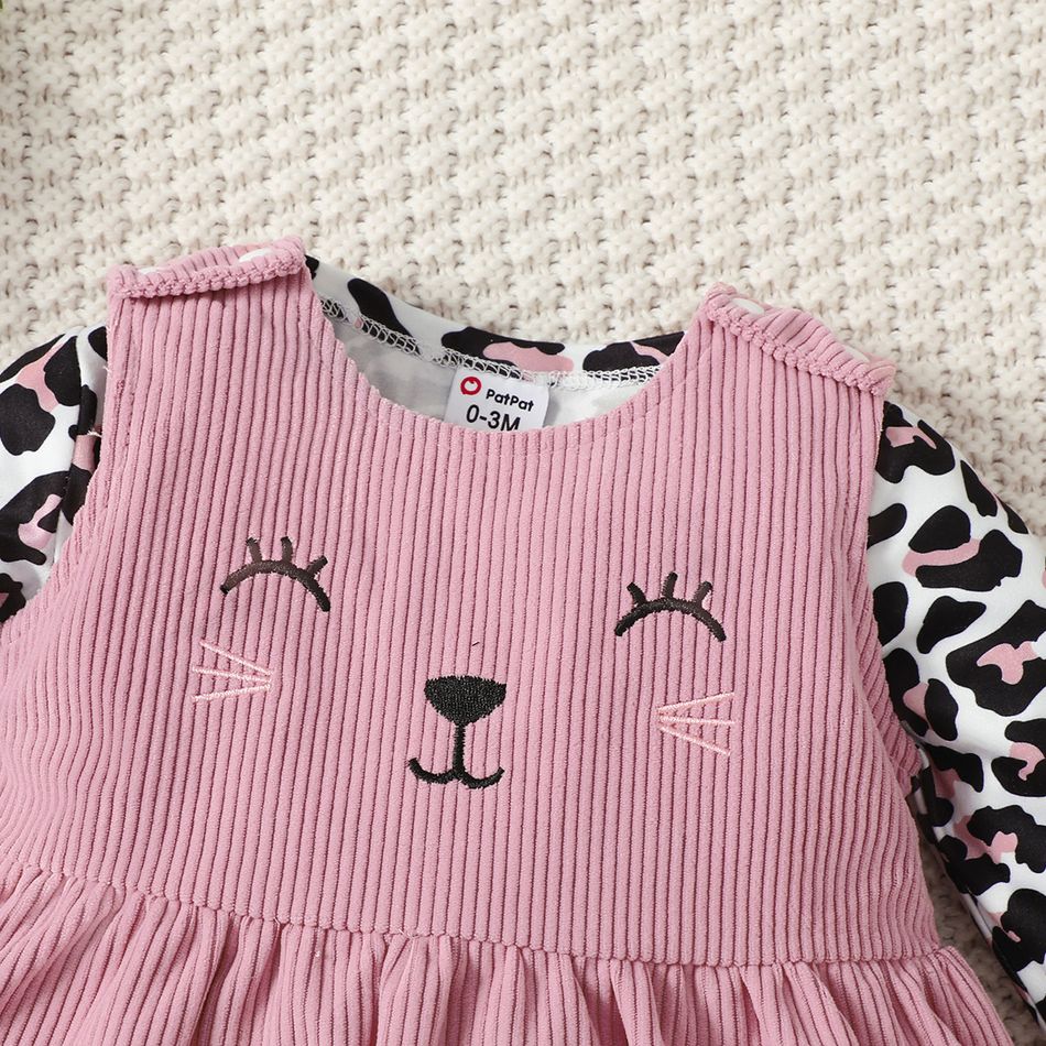 3pcs Baby Girl 95% Cotton Solid Pants and Leopard Long-sleeve Romper with Cat Embroidered Tank Dress Set Pink big image 4