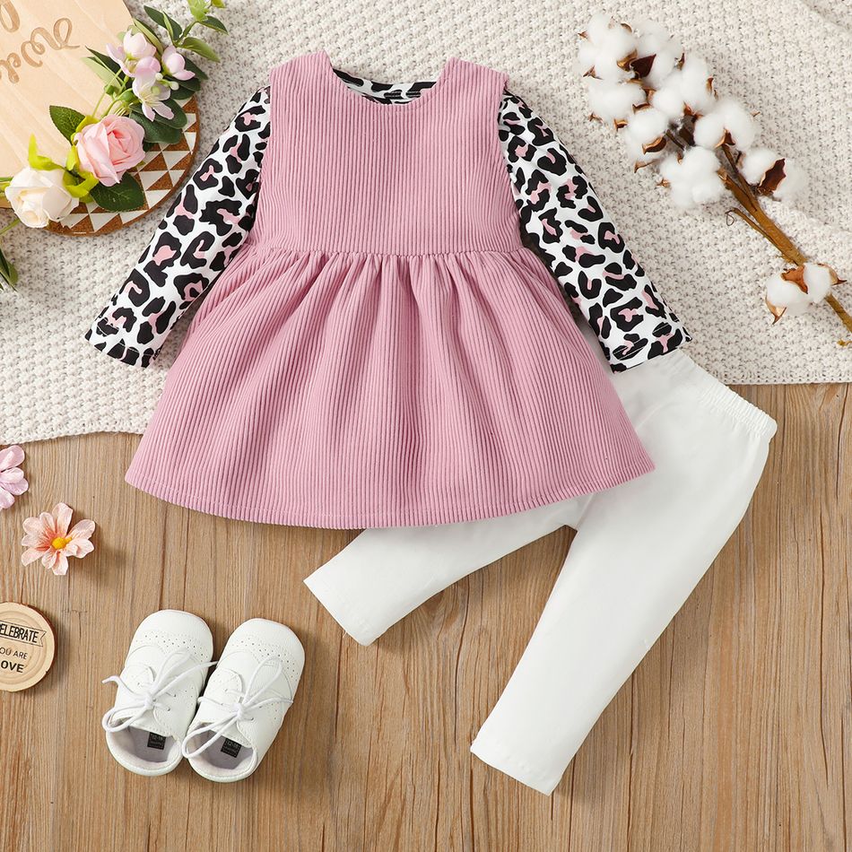 3pcs Baby Girl 95% Cotton Solid Pants and Leopard Long-sleeve Romper with Cat Embroidered Tank Dress Set Pink big image 3