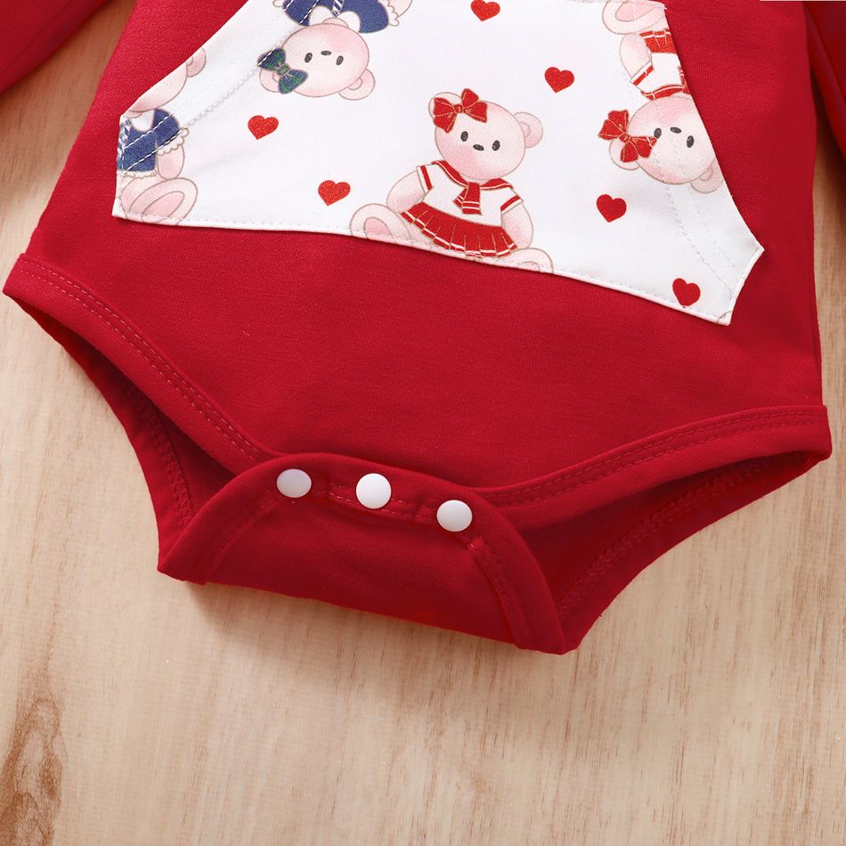 3pcs Baby Girl Letter Graphic Long-sleeve Hooded Romper and Allover Bear Print Pants with Headband Set Red big image 6