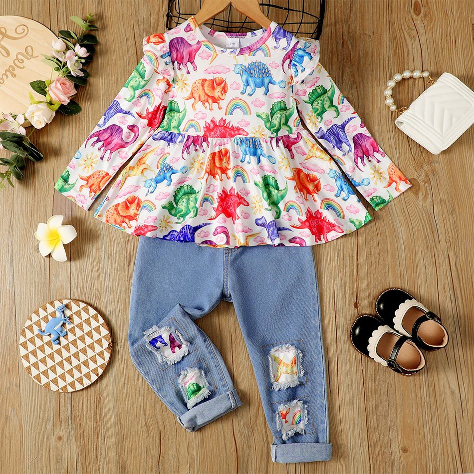 2pcs Toddler Girl Playful Patchwork Ripped Denim Jeans and Dinosaur Print Tee set Multi-color