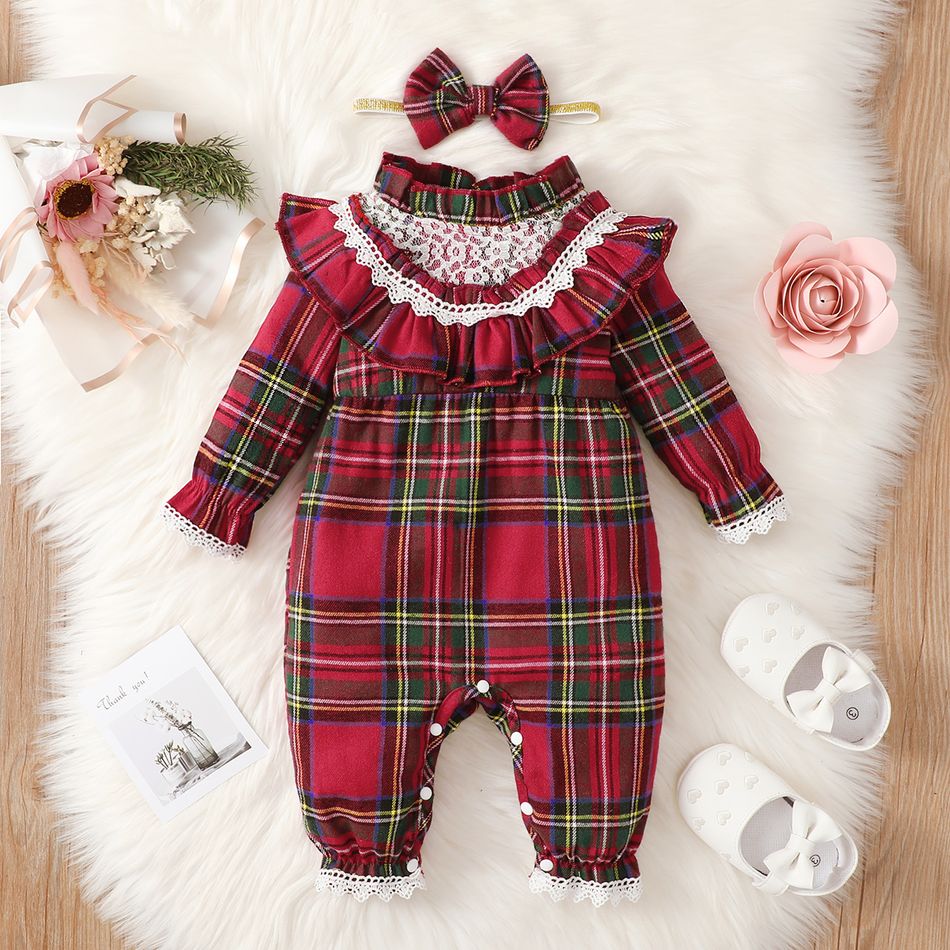 2pcs Baby Girl Lace Spliced Red Plaid Frill Trim Mock Neck Long-sleeve Jumpsuit with Headband Set Red big image 3
