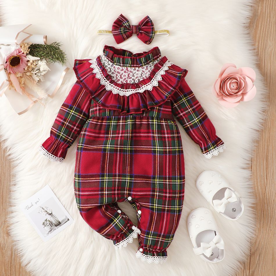 2pcs Baby Girl Lace Spliced Red Plaid Frill Trim Mock Neck Long-sleeve Jumpsuit with Headband Set Red big image 4