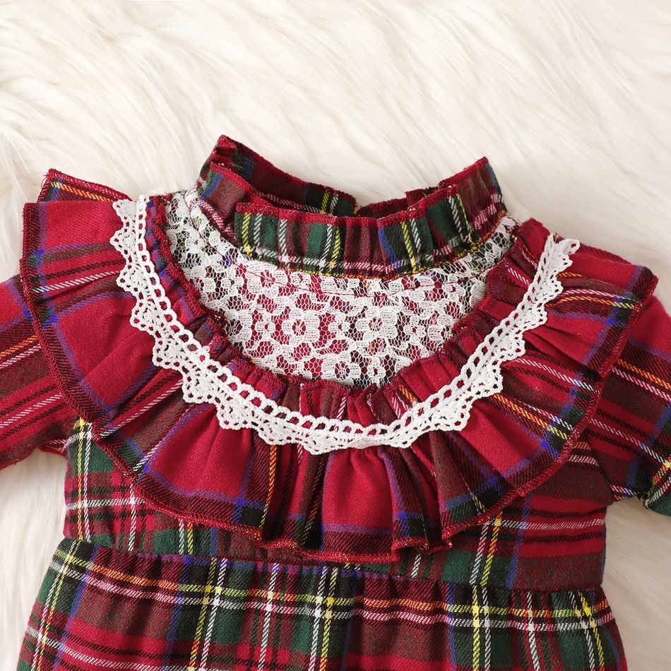 2pcs Baby Girl Lace Spliced Red Plaid Frill Trim Mock Neck Long-sleeve Jumpsuit with Headband Set Red big image 5