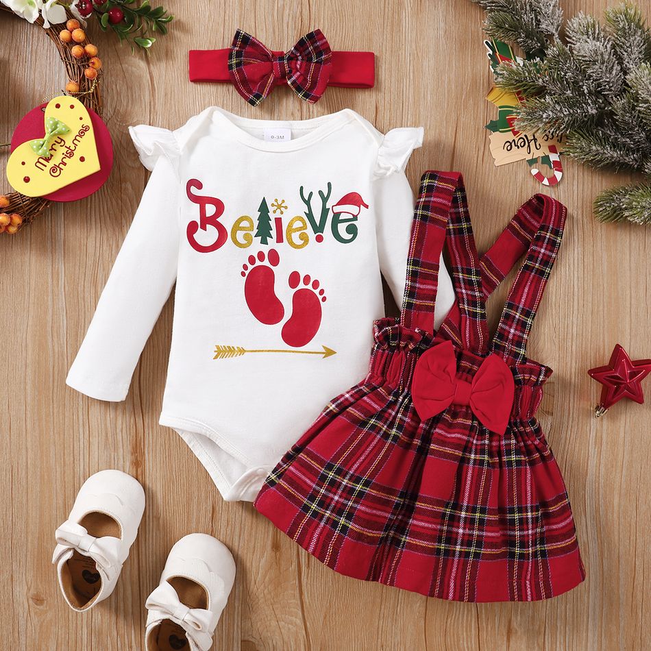 Christmas 3pcs Baby Girl 95% Cotton Ruffle Long-sleeve Graphic Romper and Red Plaid Suspender Skirt with Headband Set Red big image 3