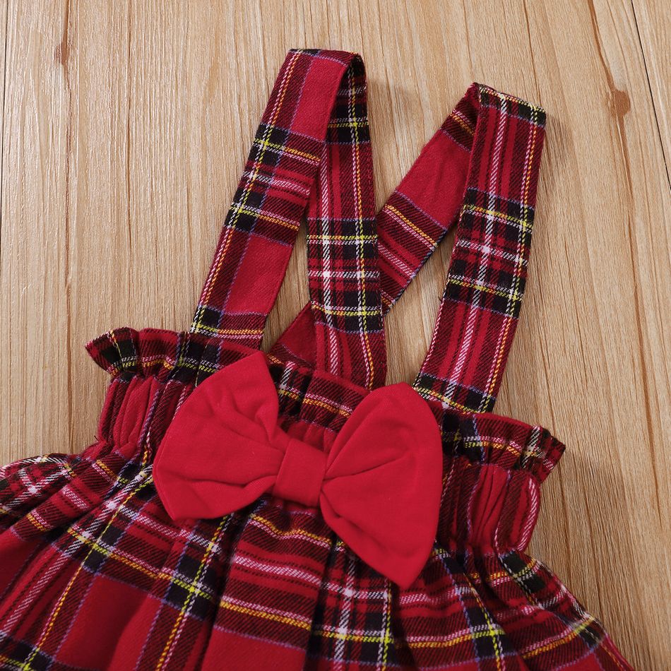 Christmas 3pcs Baby Girl 95% Cotton Ruffle Long-sleeve Graphic Romper and Red Plaid Suspender Skirt with Headband Set Red big image 7
