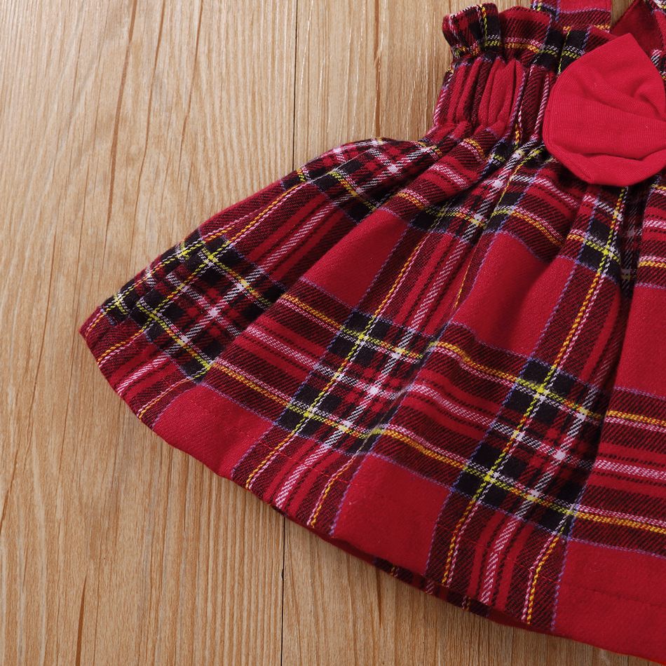 Christmas 3pcs Baby Girl 95% Cotton Ruffle Long-sleeve Graphic Romper and Red Plaid Suspender Skirt with Headband Set Red big image 8