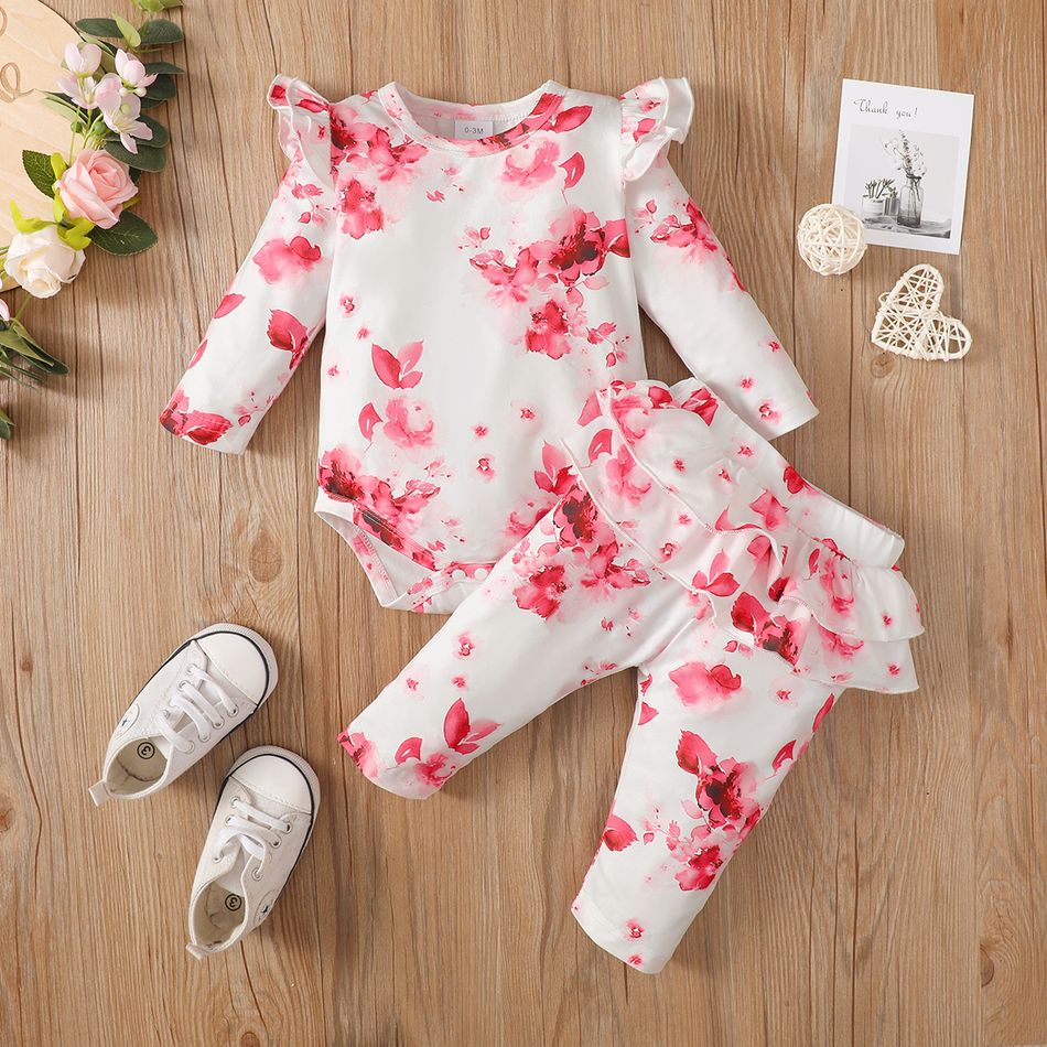 2pcs Baby Girl Allover Floral Print Long-sleeve Romper and Layered Ruffle Trim Pants Set White big image 1